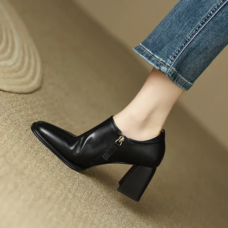 New Square Toe Retro Casual Soft Single Shoes Thick Heel Zipper High Heel Ankle Boots Women\'s Shoes Botas De Mujer