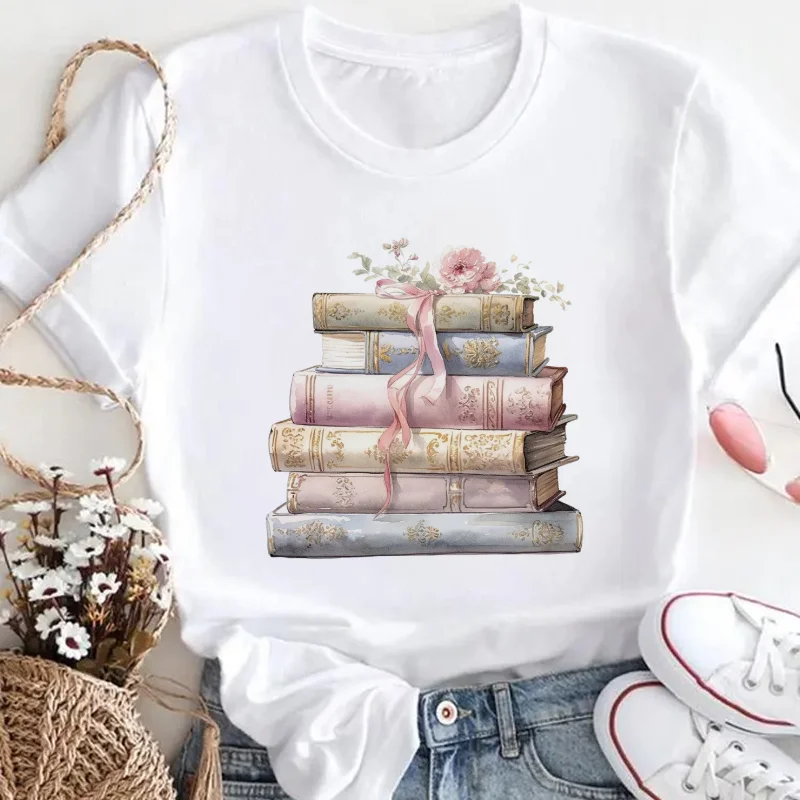 Casual Style Cute 90s Clothing Women's Top O-Neck Book Flower Pattern T-Shirt Women's Short Sleeved Printed Trendy T-Shirt