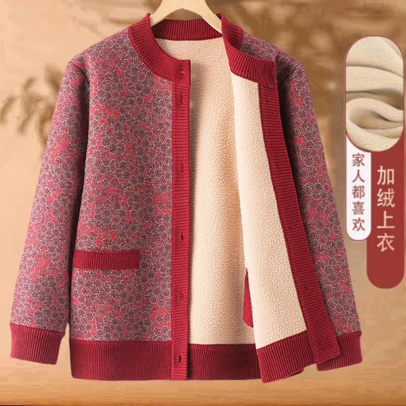 Cardigan stile di mezza età e anziano con stampa nuovo cappotto corto casual in velluto stile top per madre femminile