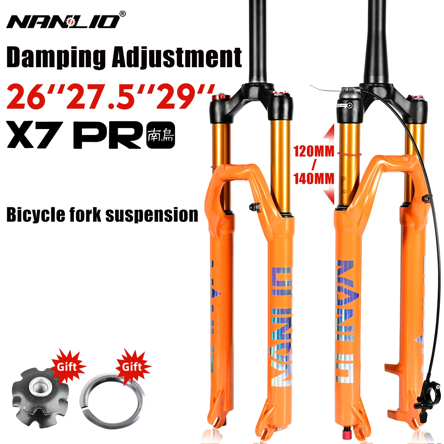 NanLio X7 PRO Bicycle Suspension Fork 26 27.5 29 inch 120/140MM Damped Rebound Adjustment Straight Cone Metal Bushings Air Fork