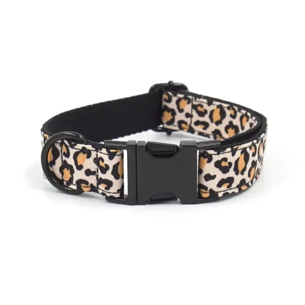 Collar personalizado para perro, placa de identificación para cachorro, hebilla negra ajustable, estampado de leopardo, correa de plomo básica para