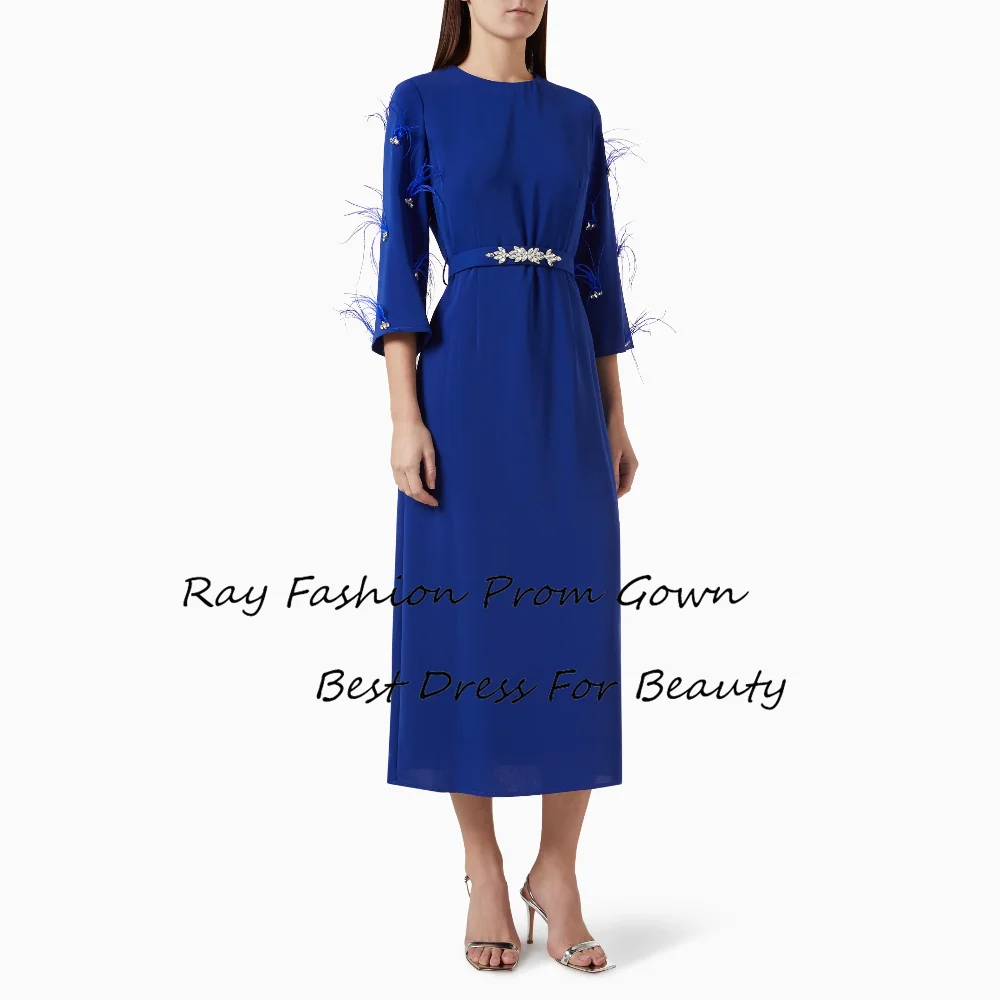 

Customize Ray Fashion A Line Evening Dress O Neck With Sleeves Beading Crystal Tea Length For Women Formal Occasion فساتين سهرة