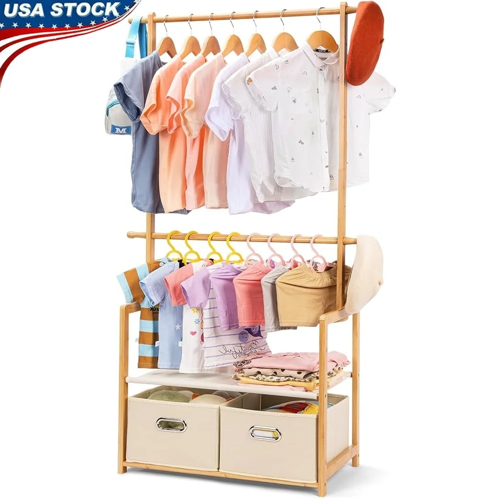 

Kids Clothing Rack Bamboo Adjustable Hanging Rods with 2 Storage Baskets Child Garment Holder Shelves Dress Up Organizer