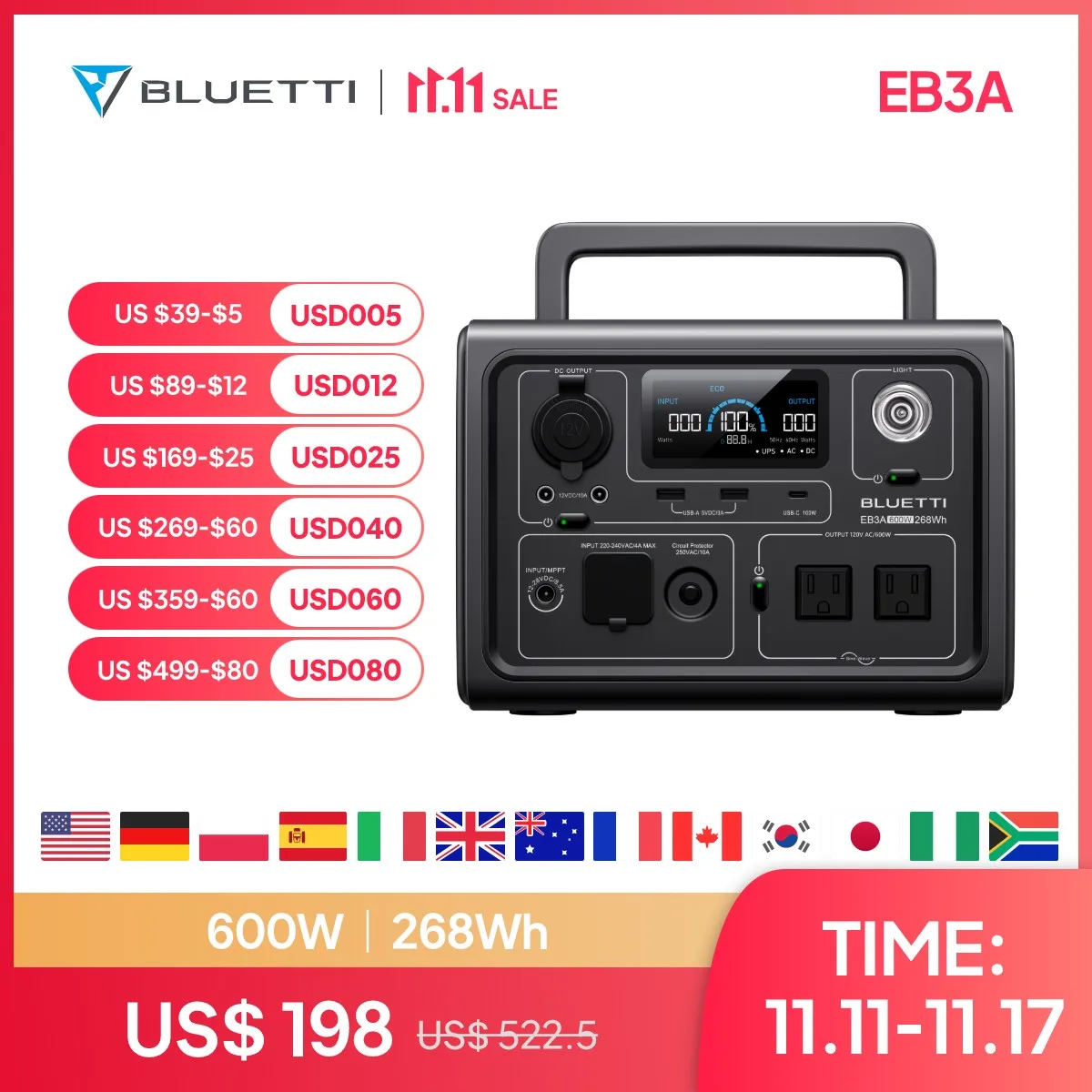 【US PLUG】BLUETTI EB3A Portable Power Station | 600W 268Wh, Solar Generator for Outdoor Camping