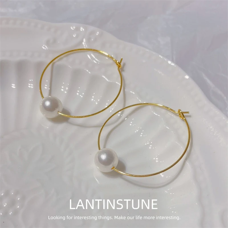 Simple Design Simulated Pearl Circle Hoop Earrings For Women Creative Cute Young Girls Gold Color Round Party Jewelry Gifts N707