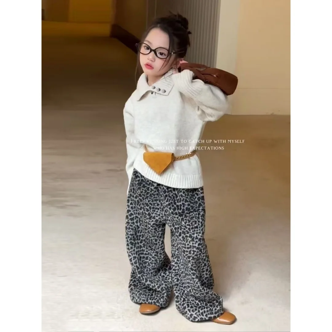 

Children's Clothing 2026 Autumn And Winter New Item Beige Collar Knitted Sweater Girls' Flower Gray Leopard Print Wide Leg Pants