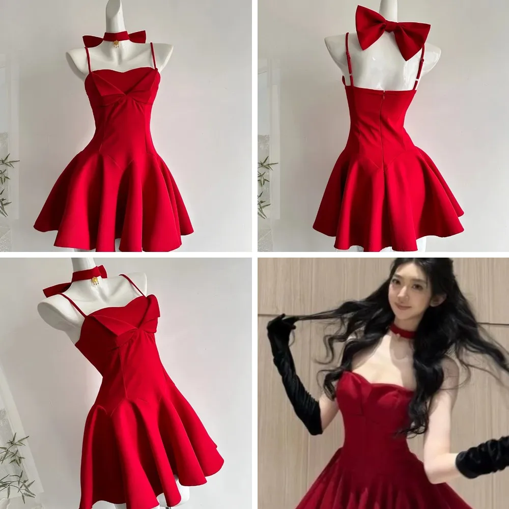 

Elegant Red Bow Strap Dress for Women, Sexy Party Gown, French Style Princess New Year Outfit (Characters: 78)