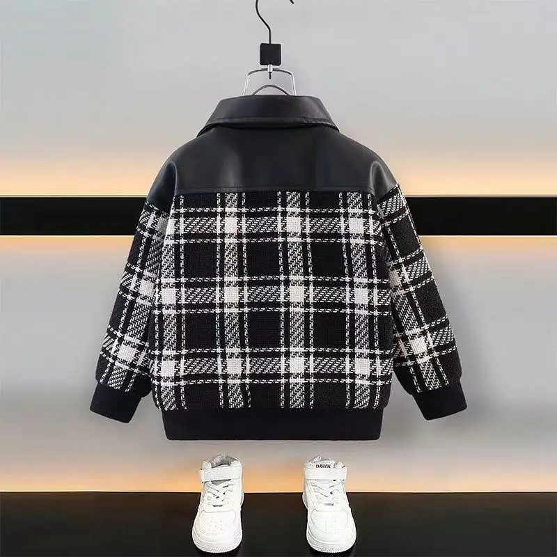 Children's Spring and Autumn Plaid Jacket Spring and Autumn 2026 New Style Boys' and Girls' Casual PU Jacket 2 4 6 8 10 12 Years