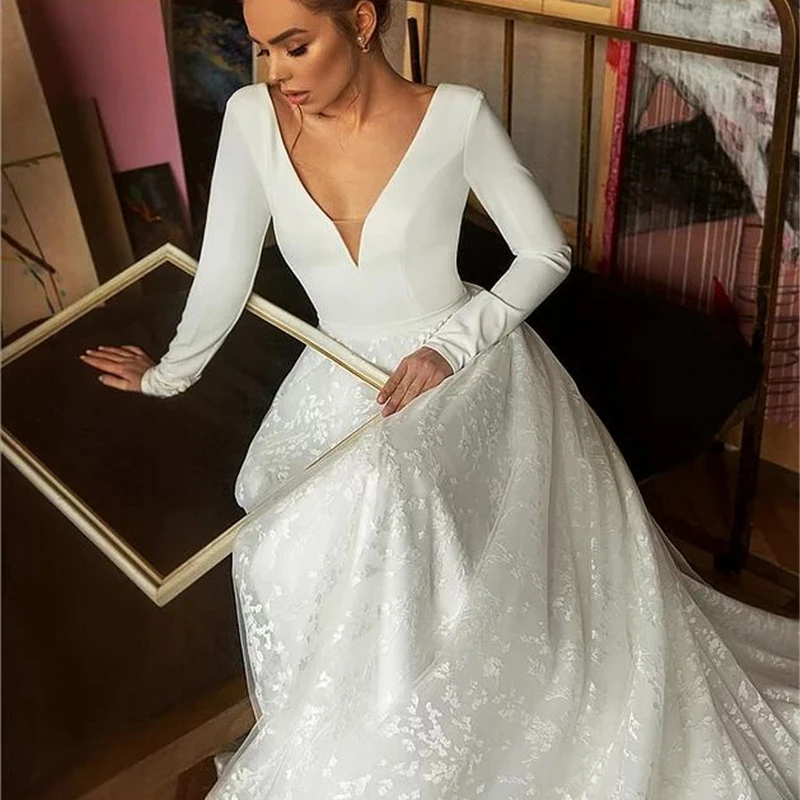 Customized Simple Backless Full Sleeves Appliques Tulle Wedding Dresses For Women 2024 Sweep Train Bride Gowns vestidos de novia