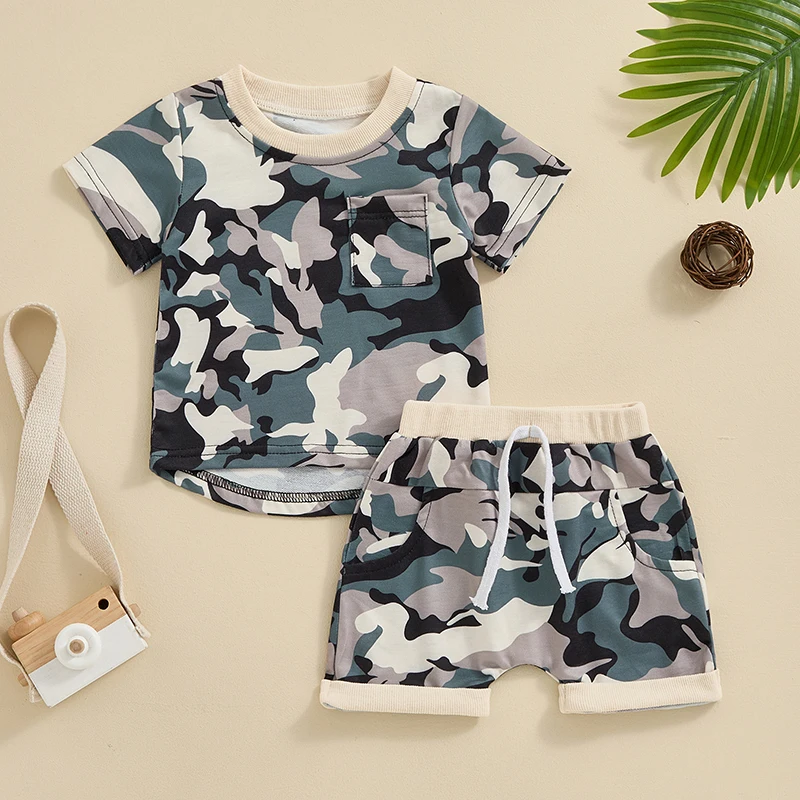 

2024-01-22 Lioraitiin 0-3Y Toddler Baby Boy Clothes Camouflage Set Round Neck Short Sleeve Tops Shorts Infant Summer Outfits