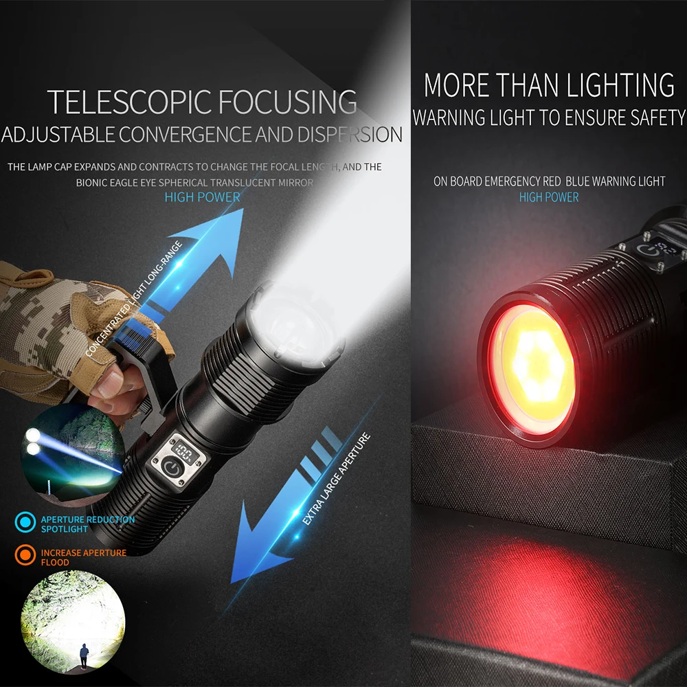 High Power LED Flashlight Long Range Tactical Torch USB Rechargeable Zoom Lantern Built-in 4 18650 Battery Strong Light Lamp