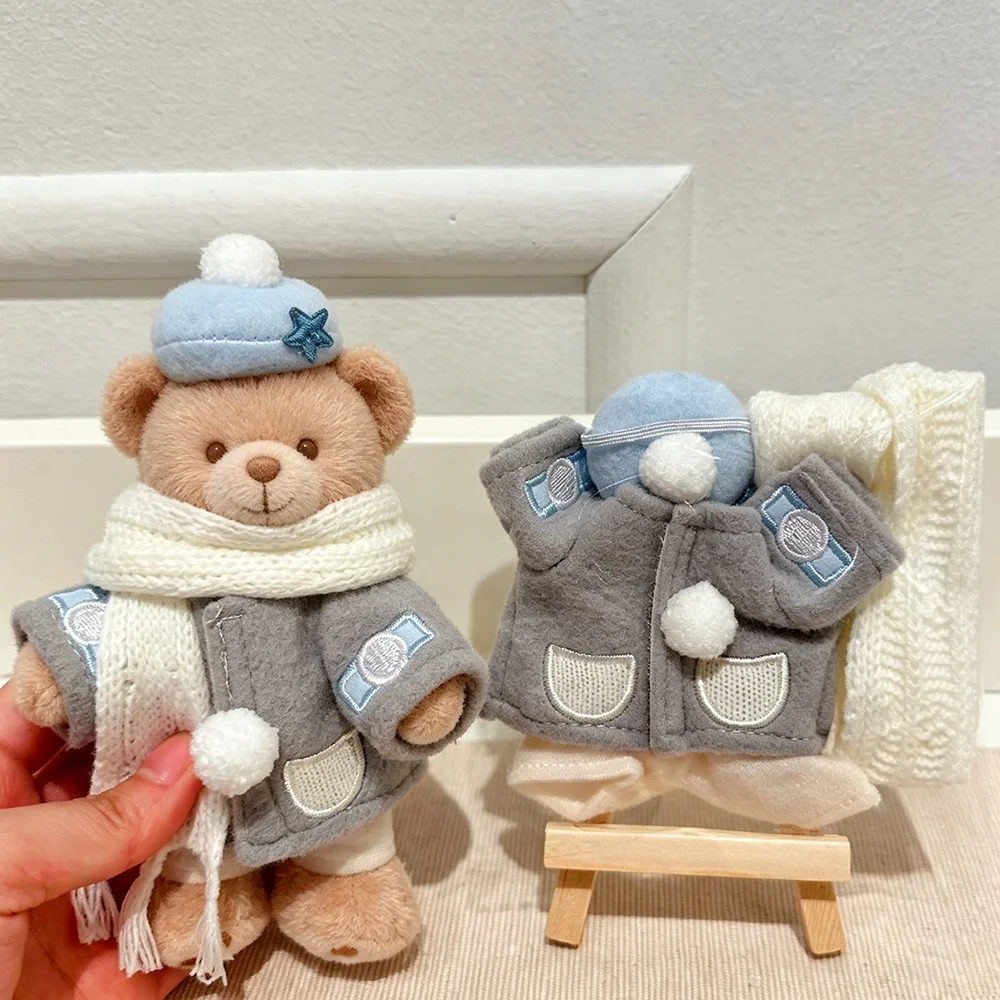 Conjunto de Ropa Cálida de Invierno para Muñecas, Abrigo Gris, Bufanda de Punto, Gorro, Pantalones, Traje Bonito para Clima Frío, Disfraz para Vestir a Ositos de Peluche Pequeños