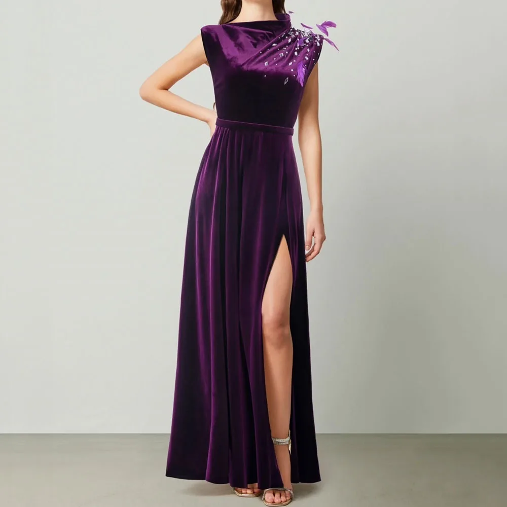 

Customized A-line Evening Dresses Ankle-length High-neck Sleeveless Prom Gown Fashion Crystal Feathers Side-split Party Gown