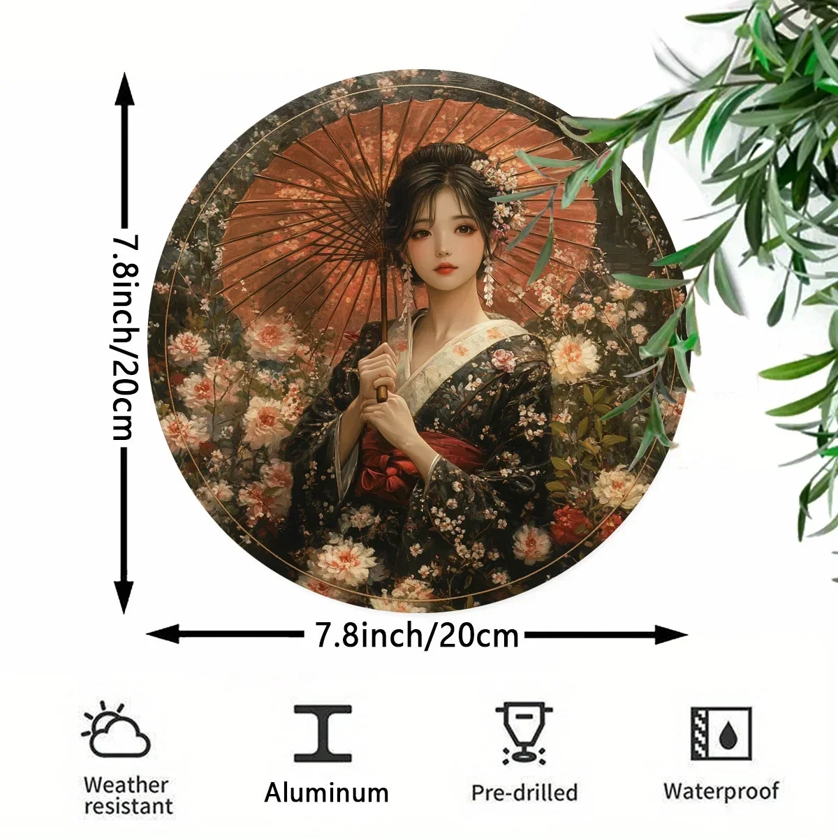 UMBRELLA Japanese Geisha Round Metal Wall Art, 7.8x7.8 Inch Waterproof Aluminum Sign for Home Bar Cafe Decor