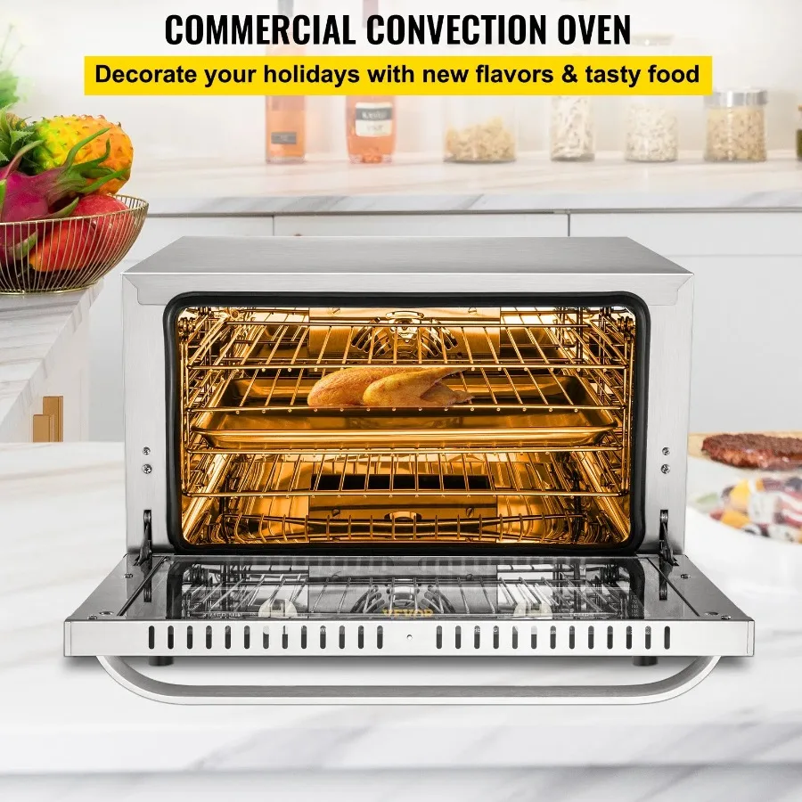 Commercial Convection Oven 47L 43Qt Half-Size Countertop Electric Baking Oven 1600W 4-Tier Toaster w Front Glass Door Trays Wir