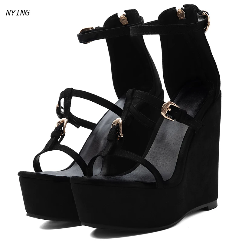 2026 Summer Women Black Suede Wedge Sandals High Heels Open Toe T Strap Platform Shoes Cover Heel Fashion Concise Party Shoes