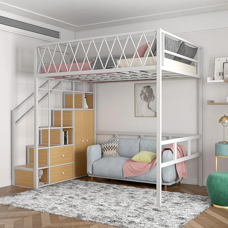 Small apartment space loft bed duplex second floor wrought iron elevated bed wardrobe integrated hanging type