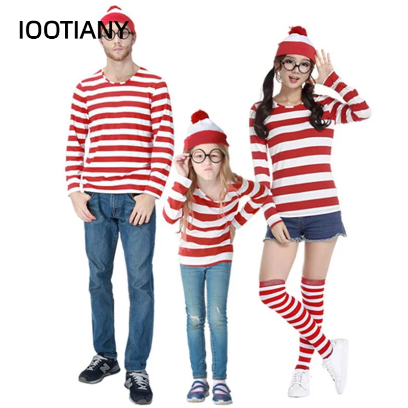 S-XXL Parent-Child Cartoon Where is Wally Waldo Costume Waldo Book Week Cosplay Outfit Stripe Shirt Hat Glasses Kit