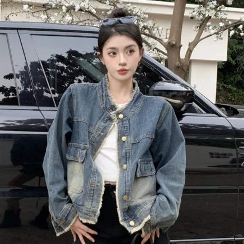 Women's Fall Spring Tops Coat Cowboy Round Neck Raw Edge Vintage Simple Loose Casual Designed Fashion New Niche Versatile Skinny