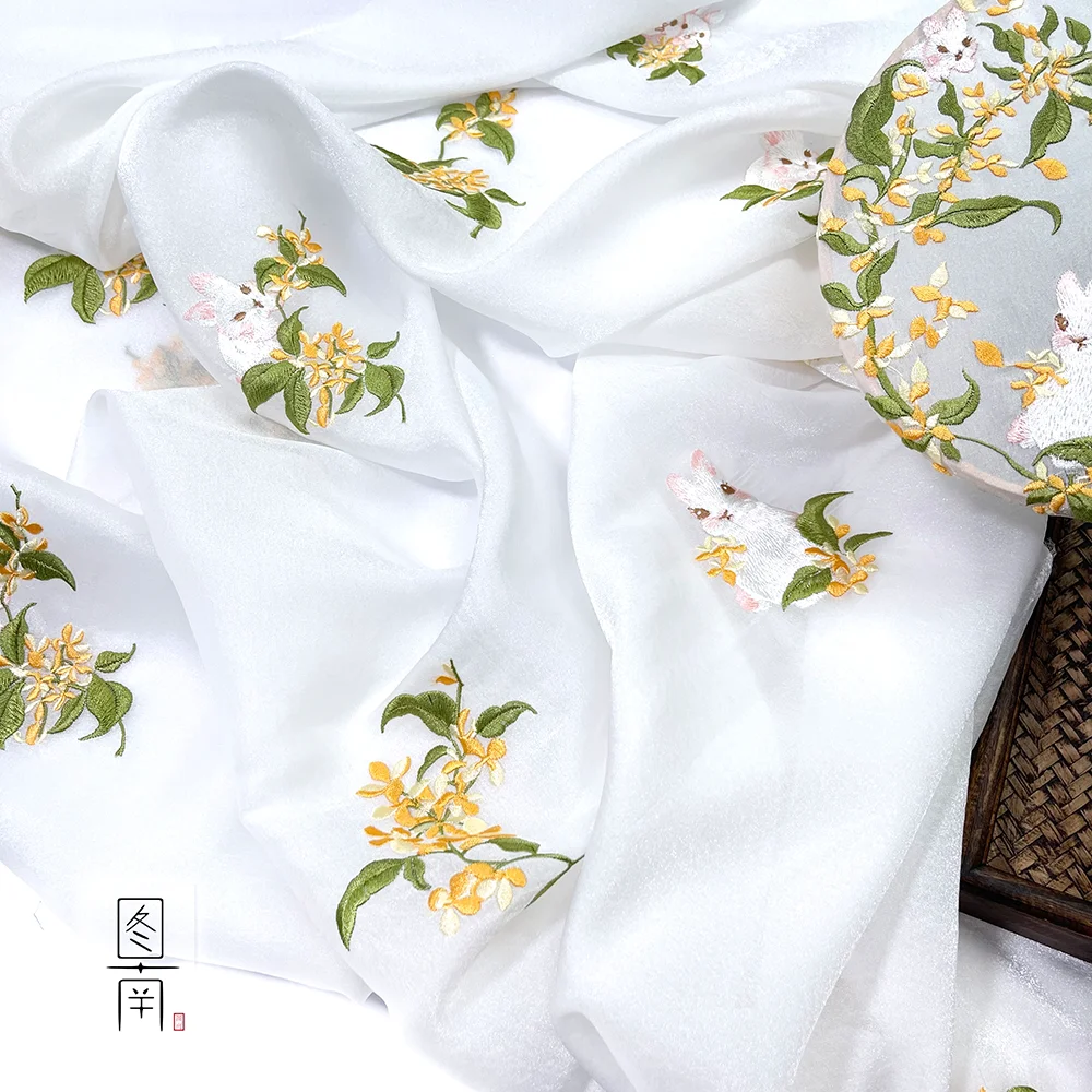 Designer Cloth Osmanthus Rabbit Embroidery Lining Ancient Style Han Chinese Clothing Pleated Skirt Jacket and Dress Fabric