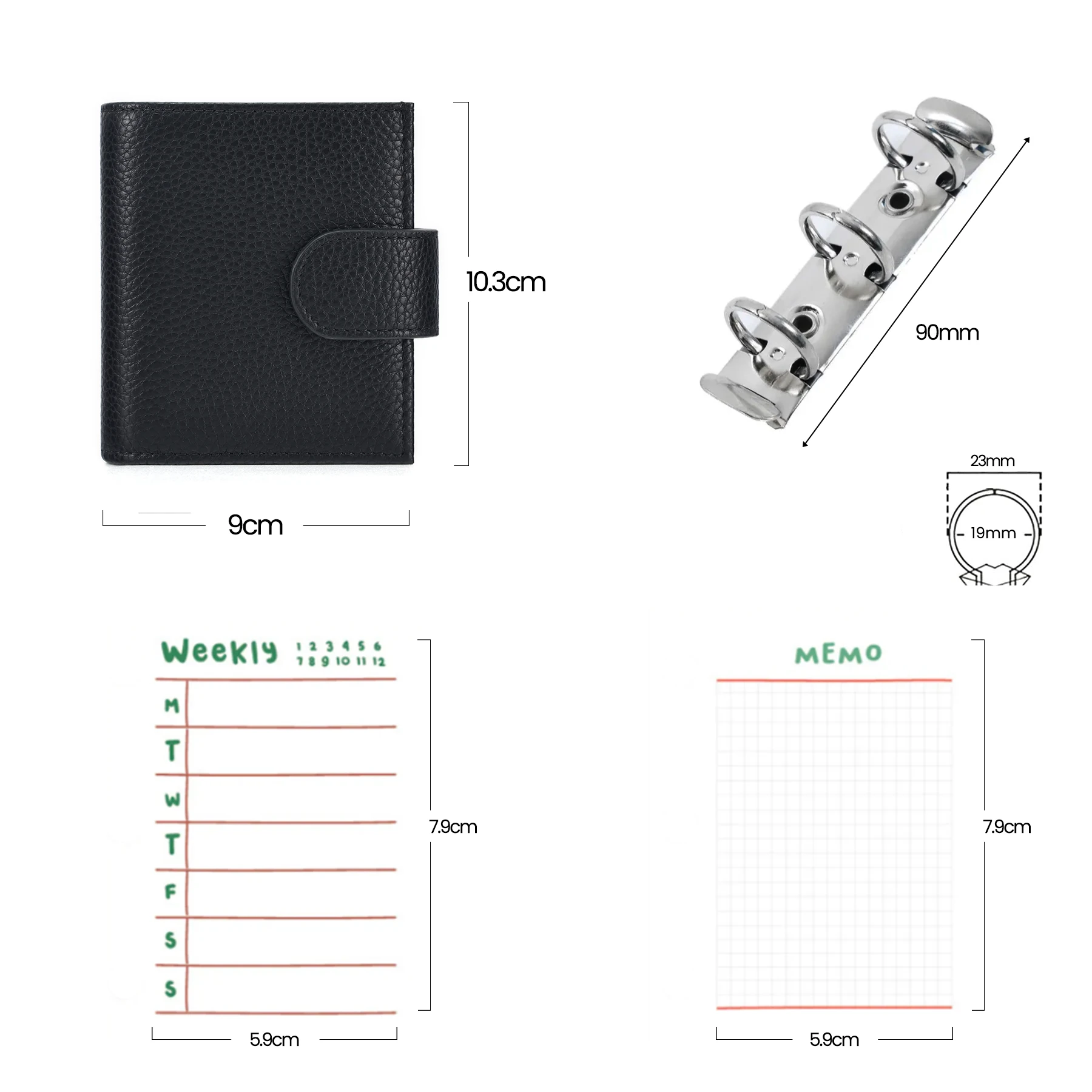 JOGUJOS Genuine Cow Leather A9 Size Planner 3 Hole Mini Ring Notebook with 19MM Ring Organizer Wallet Card Holder Diary