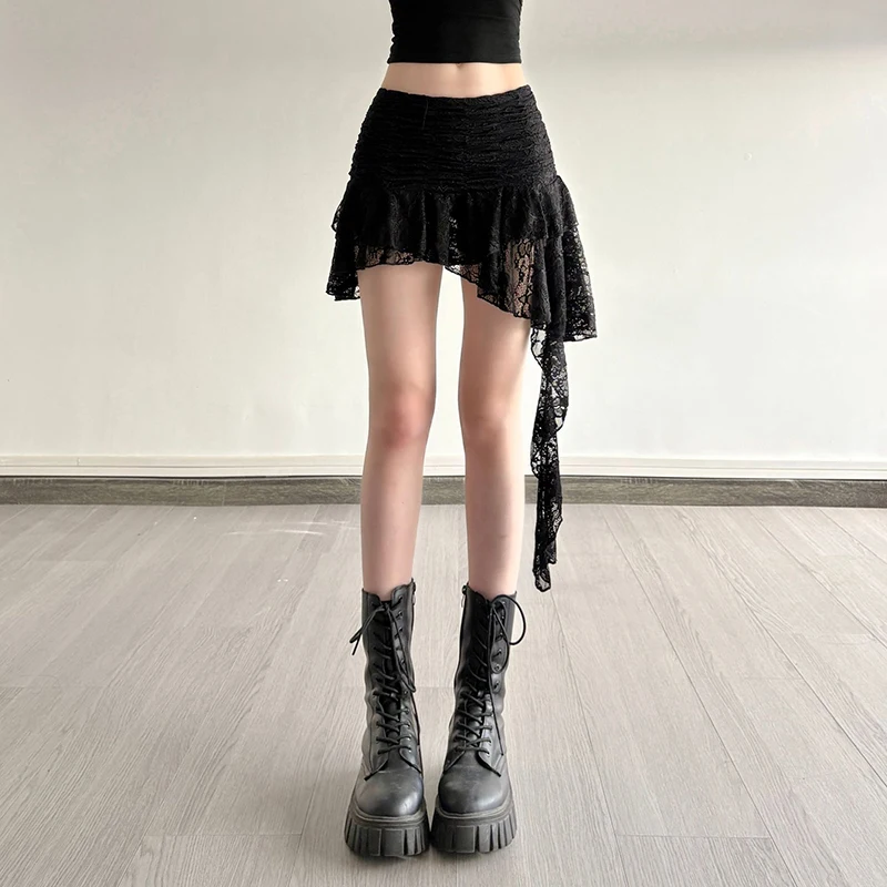 

Ticketsx Solid Lace Skirt Women's Irregular Wavy Hem Pleated High Waist Skirt Female Fashion Streetwear Vintage Slim Skirt Y2K
