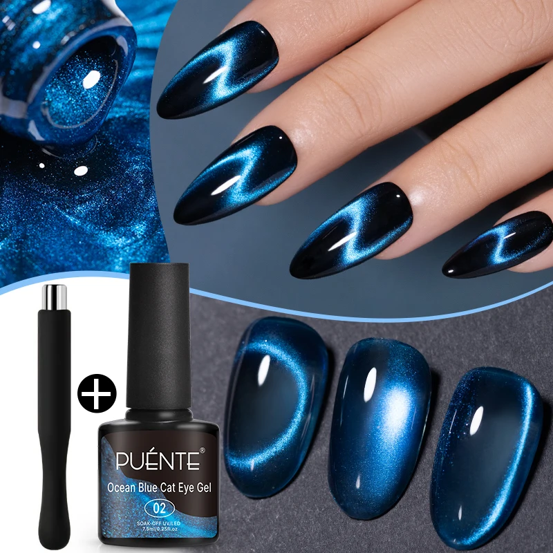 PUENTE 7.5ML Ocean Blue Cat Eye Gel Nail Polish With Magnet, High Glossy,Vibrant Blue Magnetic Cat Eye Nail Gel, Long-Lasting, Easy Application, Soak Off UV/LED Lamp Curable Semi-Permanent Varnish for Home & Salon Manicure