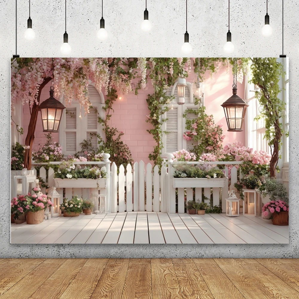 Spring Garden Backdrop Flowers Courtyard  Backdrop Pink Wall Floral Vine White Fence Lantern for Child Photo Themed Event Decor