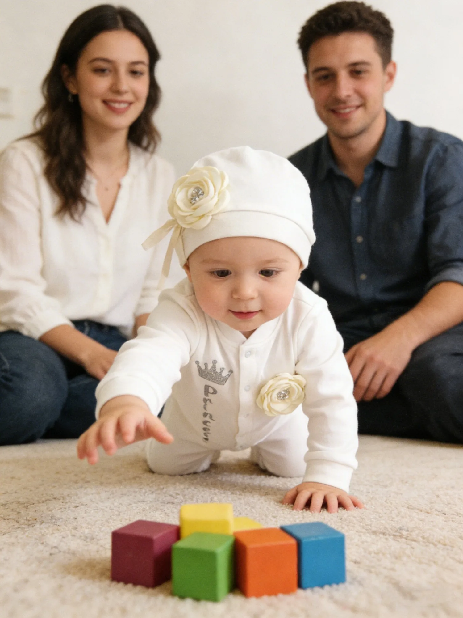 Baby Newborn Essentials Set - Cotton Onesie Hat Minky Blanket with Baby Wreath Embroidery