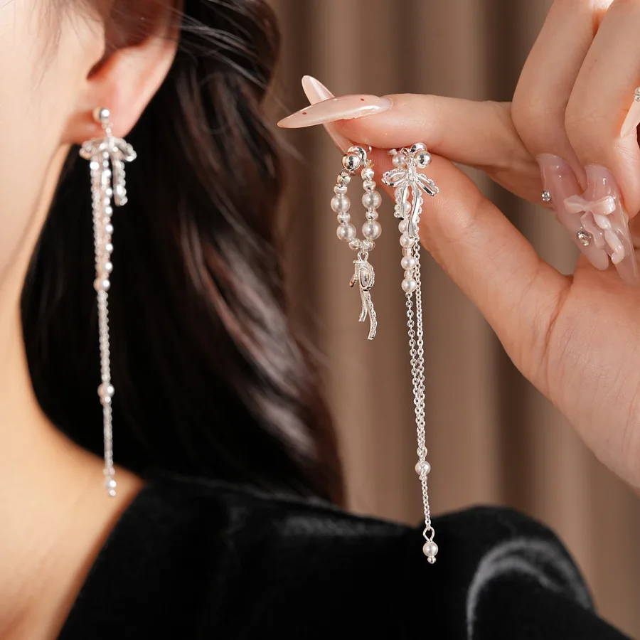 

Elegant Imitation Pearl Bowknot Dangle Earrings Women Lace Hollow Out Long Chain Tassel Ear Drops Wedding Bridal Banquet Jewelry