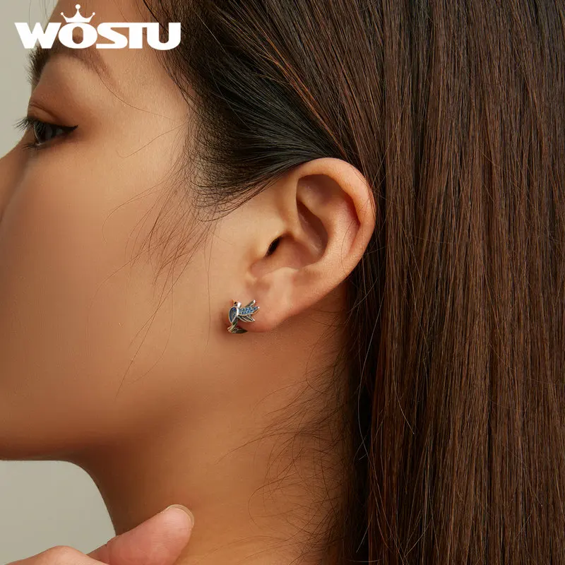 WOSTU-pendientes de aro de Plata de Ley 925 con forma de pájaro colibrí para mujer, Clips para las orejas de gota de cristal azul, joyería de boda de lujo