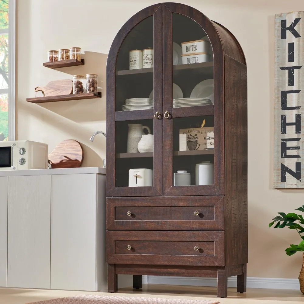 Tall Arched Kitchen Pantry Cabinet, Wood Kitchen Storage Cabinets with 2 Large Drawers and Adjustable Shelves