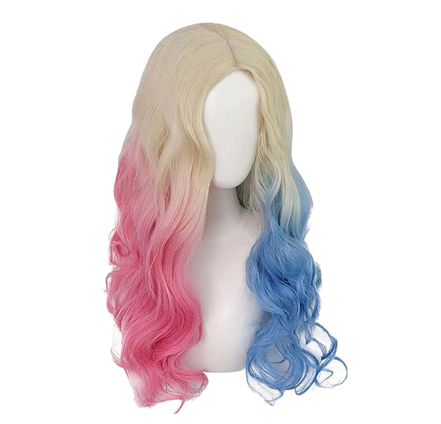 Women Halloween Carnival Cosplay Harley Quinn Blue Pink Long Wavy Synthetic Hair Wig