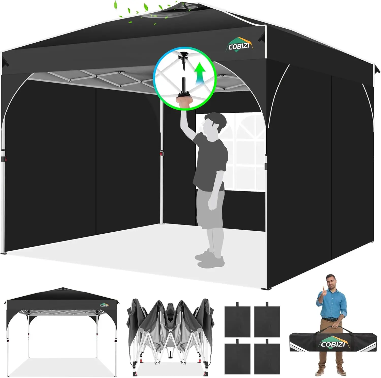 Outdoor Party and Camping, Black Canopy Tent, One Push Central Button Air Vent, Reflective Strip