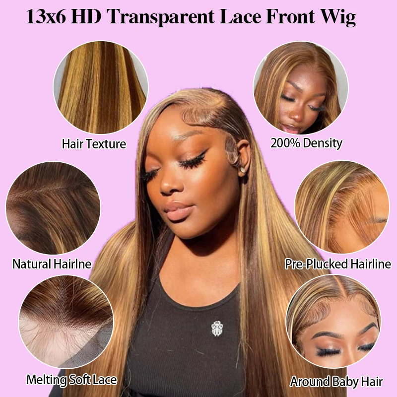 ハイライトオンブレレースフロントウィッグ人毛200%密度 # 4/27 ハニーブロンド ボーンストレートウィッグ 人毛 13x6 オンブレウィッグ 女性用