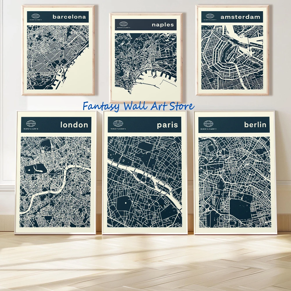 Mapa de la ciudad, Ámsterdam, Barcelona, ​​Londres, París, Berlín, Nápoles, viajes modernos, póster de turismo retro, pintura en lienzo, imágenes decorativas para la pared