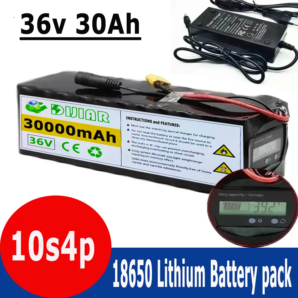 36V Battery 10S4P 30Ah Battery Pack 500W High Power Battery 42V 30000mAh Ebike Electric Bicycle xt60 BMS with Capacity Indicator