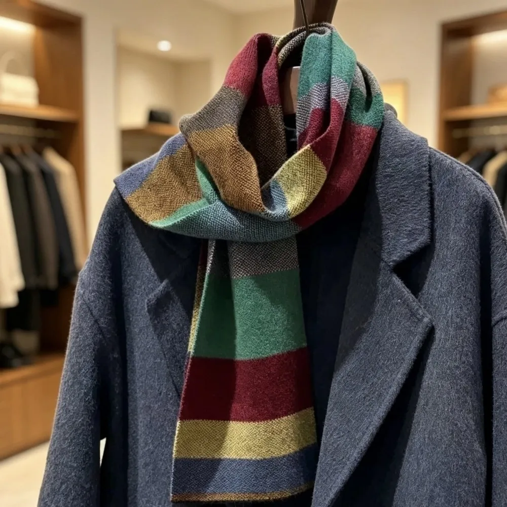 Retro Striped Plaid Women Striped Scarf Rainbow Color Block Neck Warmer Knitted Scarf Windproof Korean Style Winter Shawl Women