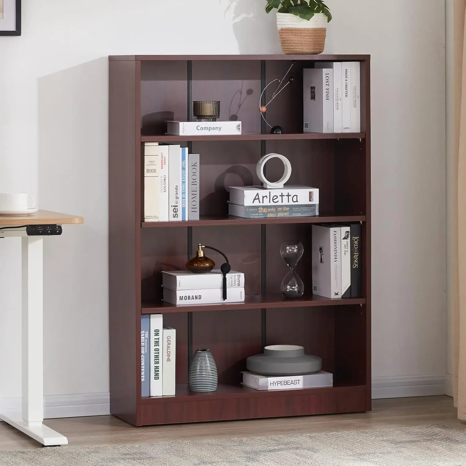Mahogany 4 Tier Wood Bookcase 48 Inch Tall Wide Storage Shelf Bedroom Office Living Room Manga Display, Customized
