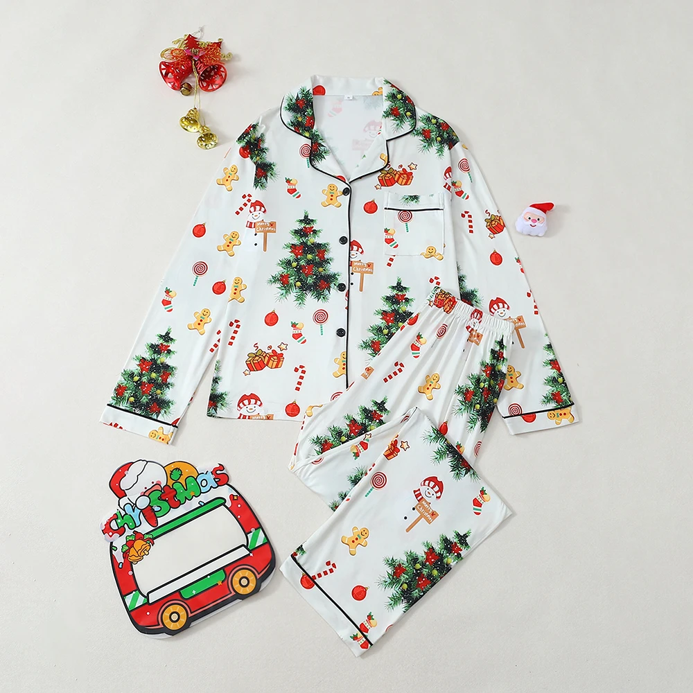 

Рождественский пижамный комплект с принтом печенья для женщин, топ на пуговицах, брюки с длинными рукавами, свободная одежда для сна, праздничная одежда для дома