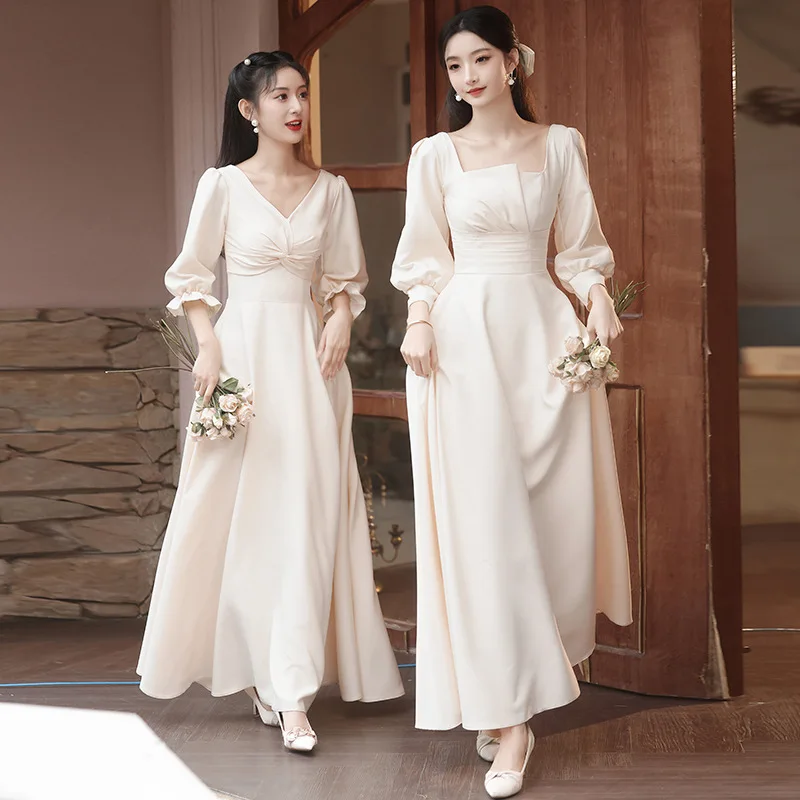 Elegant Champagne Women's Chinese Style Bridesmaid Dress New Spring Group Slimming Niche Long Sleeve Evening