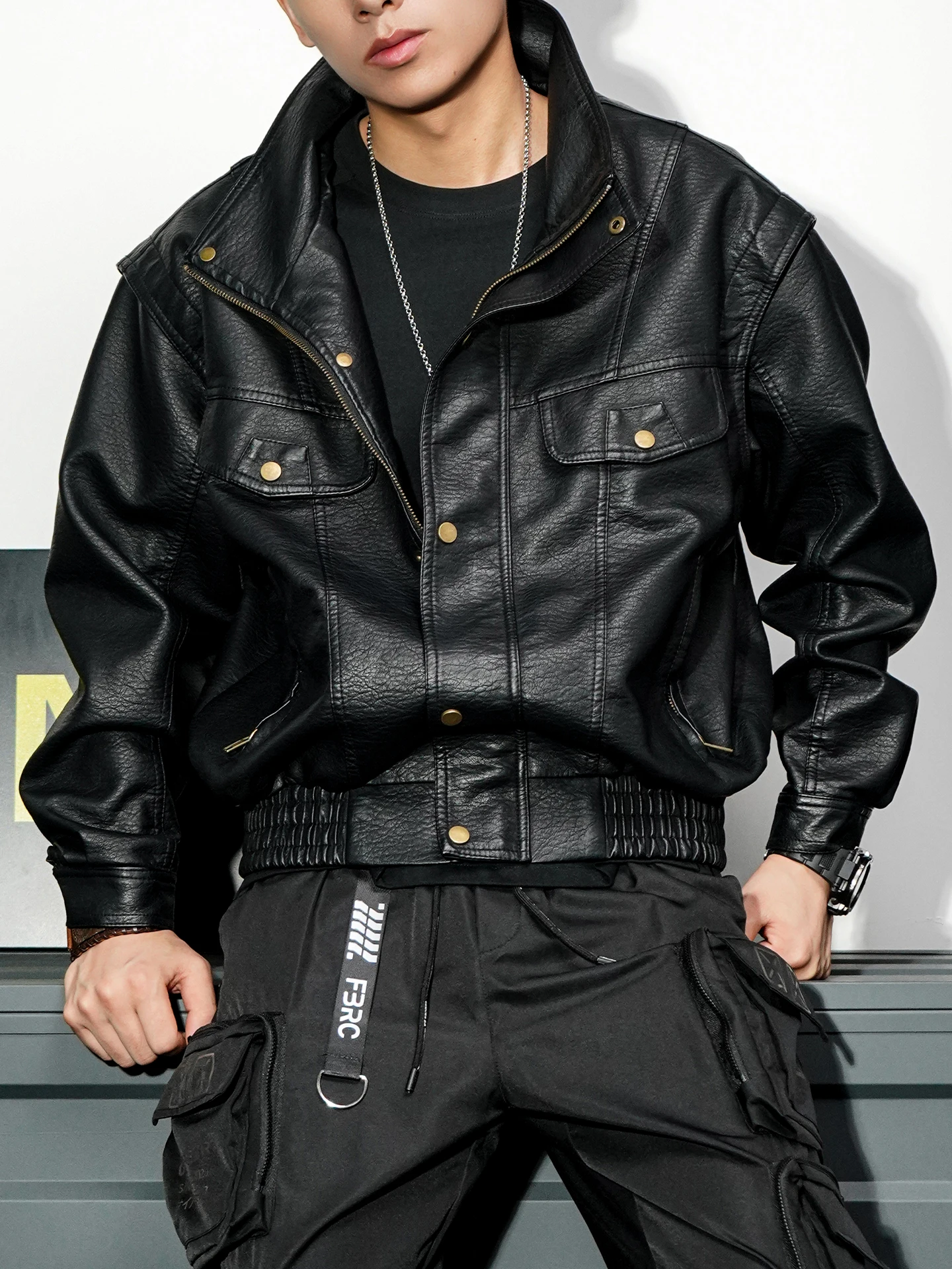 

Retro Fce Lined Biker Jaet Loose Fit Stand Collar PU Leather Jaet for Men Hong Kong Winter Sle Punk Ro Faion