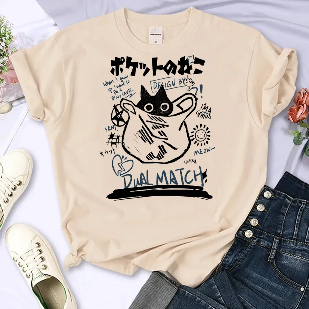 Women's Harajuku Cat Print T-Shirt, Female Anime Clothes, 90 s, Y2K, 2000s