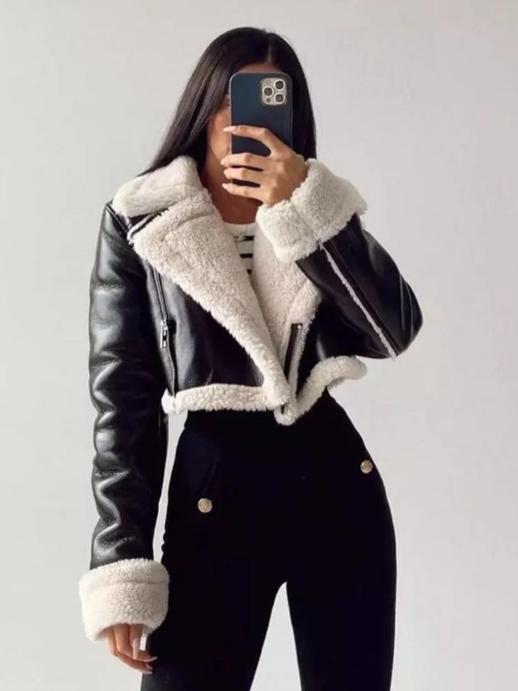 

2024 Winter Women Thick Warm Suede Lamb Jacket Short Motorcycle Coats Faux Shearling Sheepskin Pu Leather Jackets Street Outwear