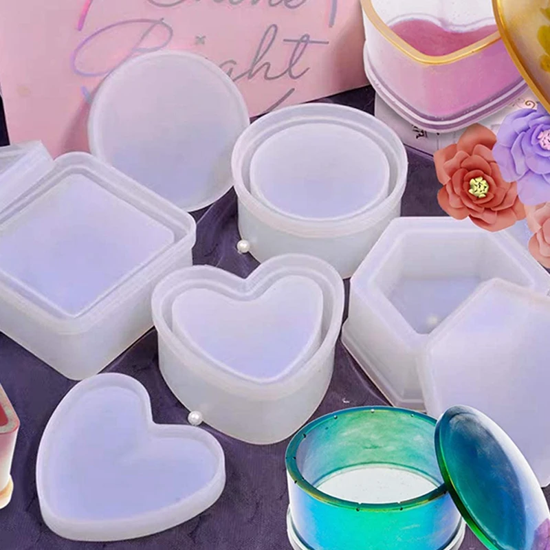 4 Pack Box Resin Molds Jewelry Box Molds Heart Shape /Hexagon/Round And Square Epoxy Molds Containers With Lid