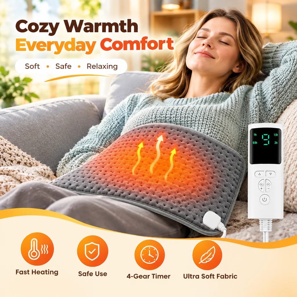 Electric Heating Pad 9 Heat Levels 4 Timer Modes Soft Plush Washable Heated Mat for Back Neck Shoulder Legs Winter Warm Comfort