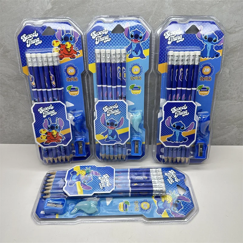 Random Pattern Set of 12pcs, Cute Cartoon, Stitch Pencil with Sharpener, Eraser, Student Stationery, Sketch Pen, Gift