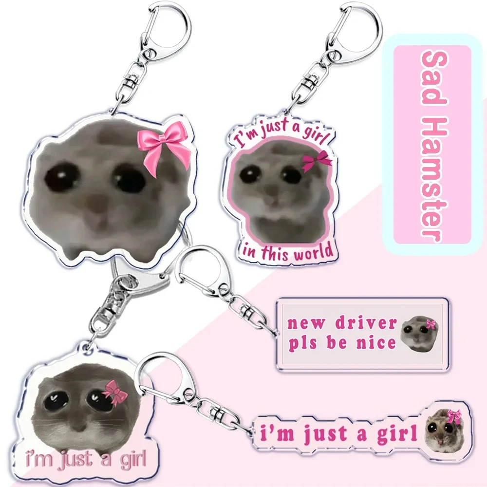 Fun Meme Im Just A Girl Sad Hamster Figure Keychain Cartoon New Keyring Bag Pendant Car Couple Accessories Birthday Jewelry Gift