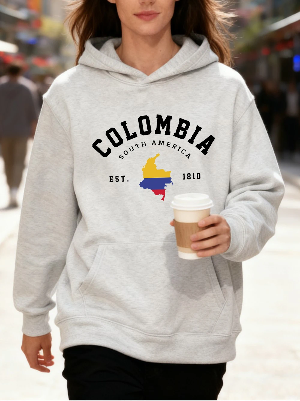 

Colombia South America Est 1810 Prints Cotton Hoodie Women Sporty Loose Pullover Winter Fleece Sweatshirt Jogging Pocket Clothes