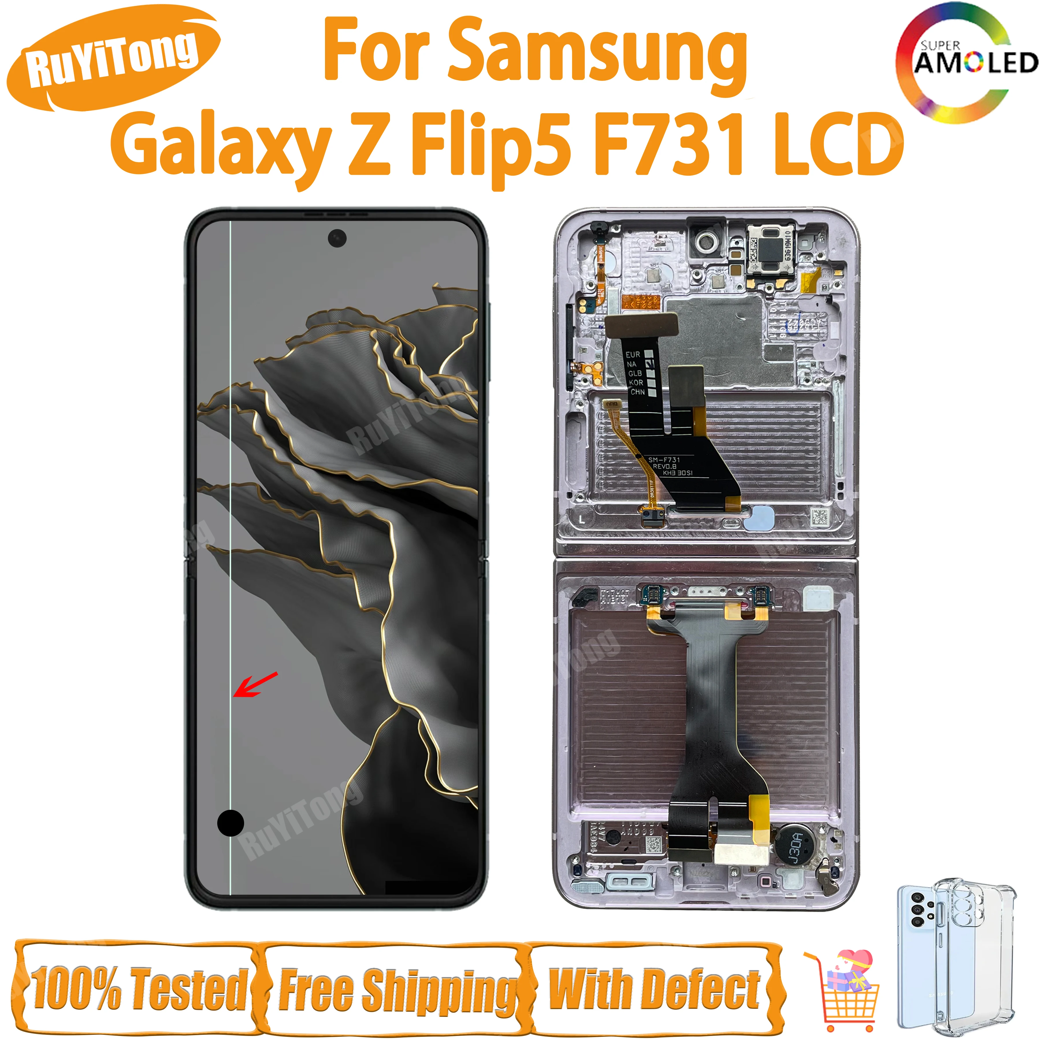 100% Amoled For Samsung Galaxy Z Flip 5 LCD Display Touch Screen Digitizer With Defect Z Flip5 F731 F731B F731U LCD